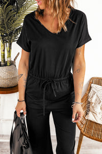 Black V Neck Short Sleeve Jumpsuit