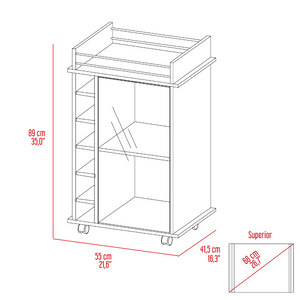 Bar Cart Baltimore, Six Wine Cubbies, Glass Door, Four Caster, Two