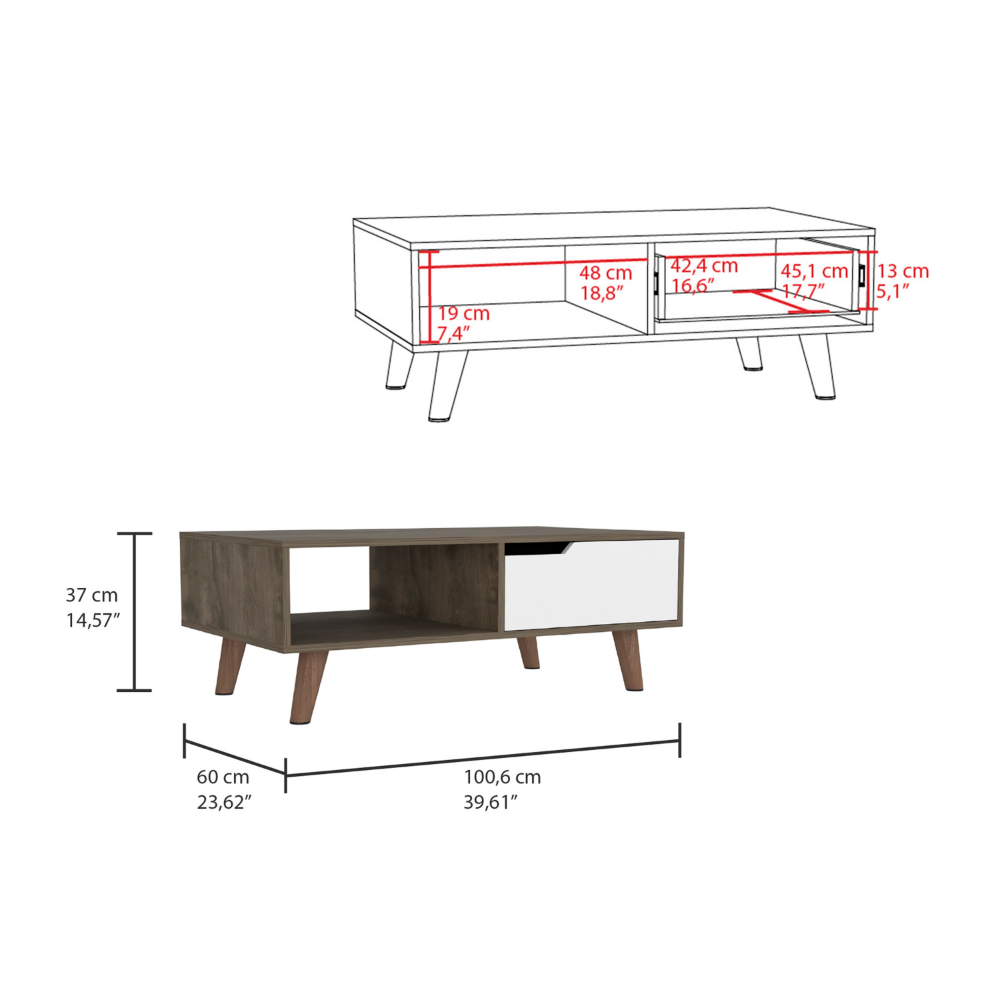 Coffee Table 2.0 Bull, One Drawer, Four Legs, Dark Brown / White