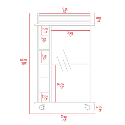 Bar Cart Baltimore, Six Wine Cubbies, Glass Door, Four Caster, Two