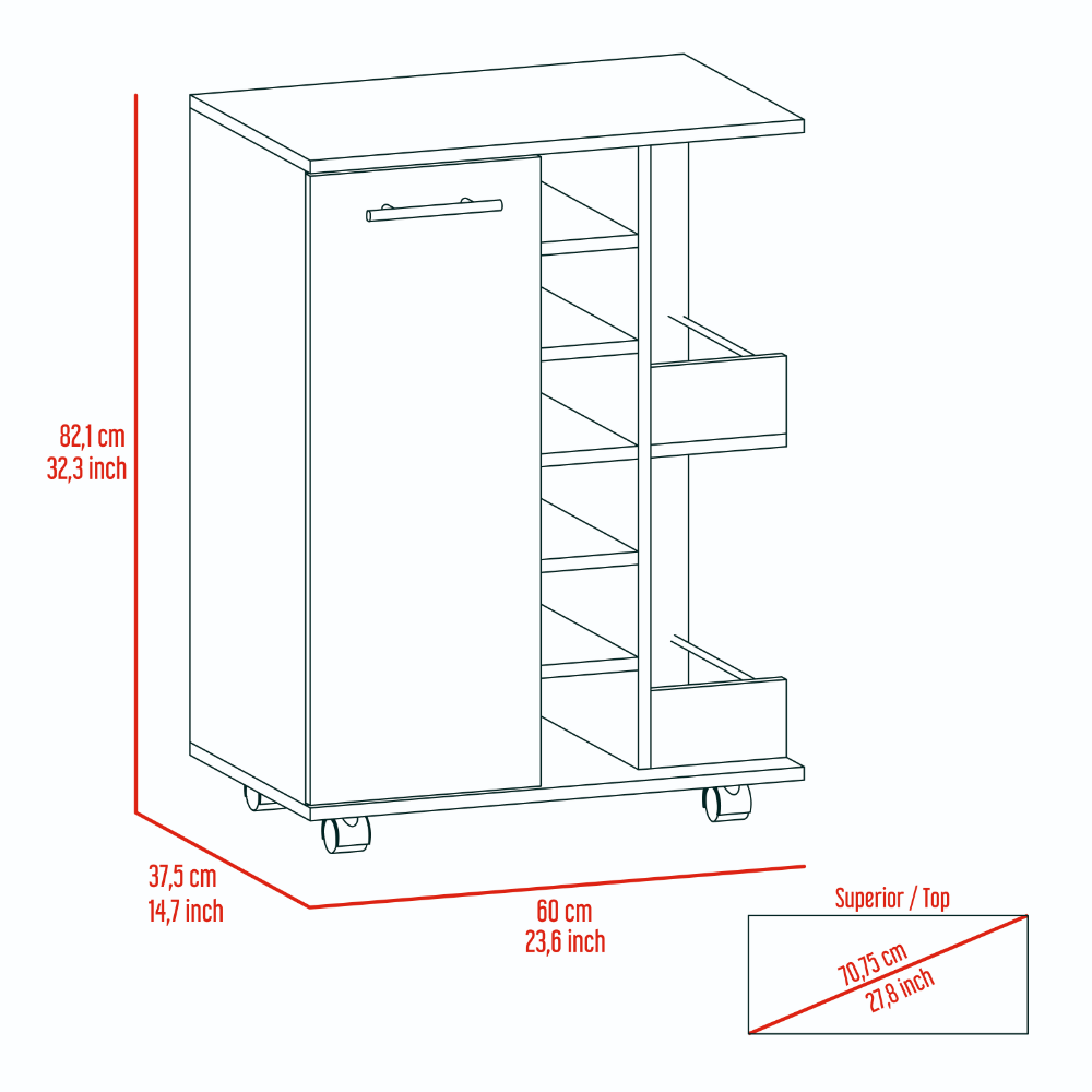 Bar Cart Wells, Four Casters, Six Wine Cubbies, Single Door Cabinet,