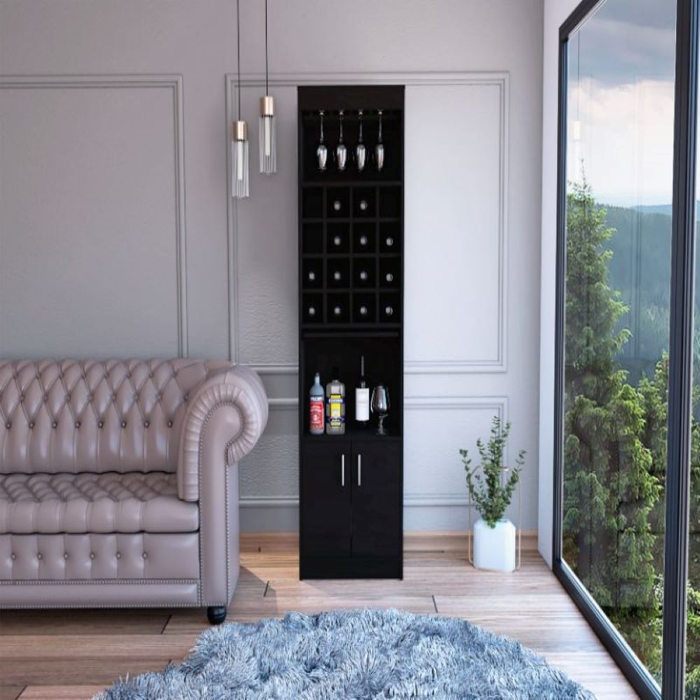 Bar cabinet Modoc, 1 Shelf, 16 Wine Cubbies, Black Wengue Finish