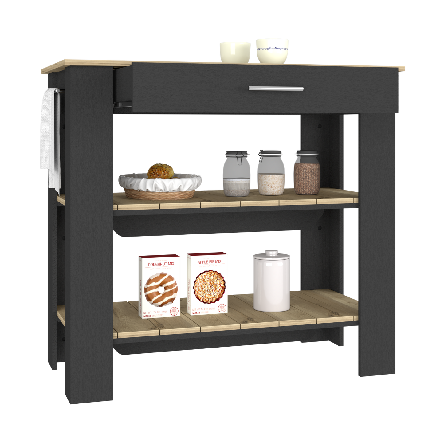 Kitchen Island 40 Inches Dozza, Two Shelves, Black Wengue / Light Oak