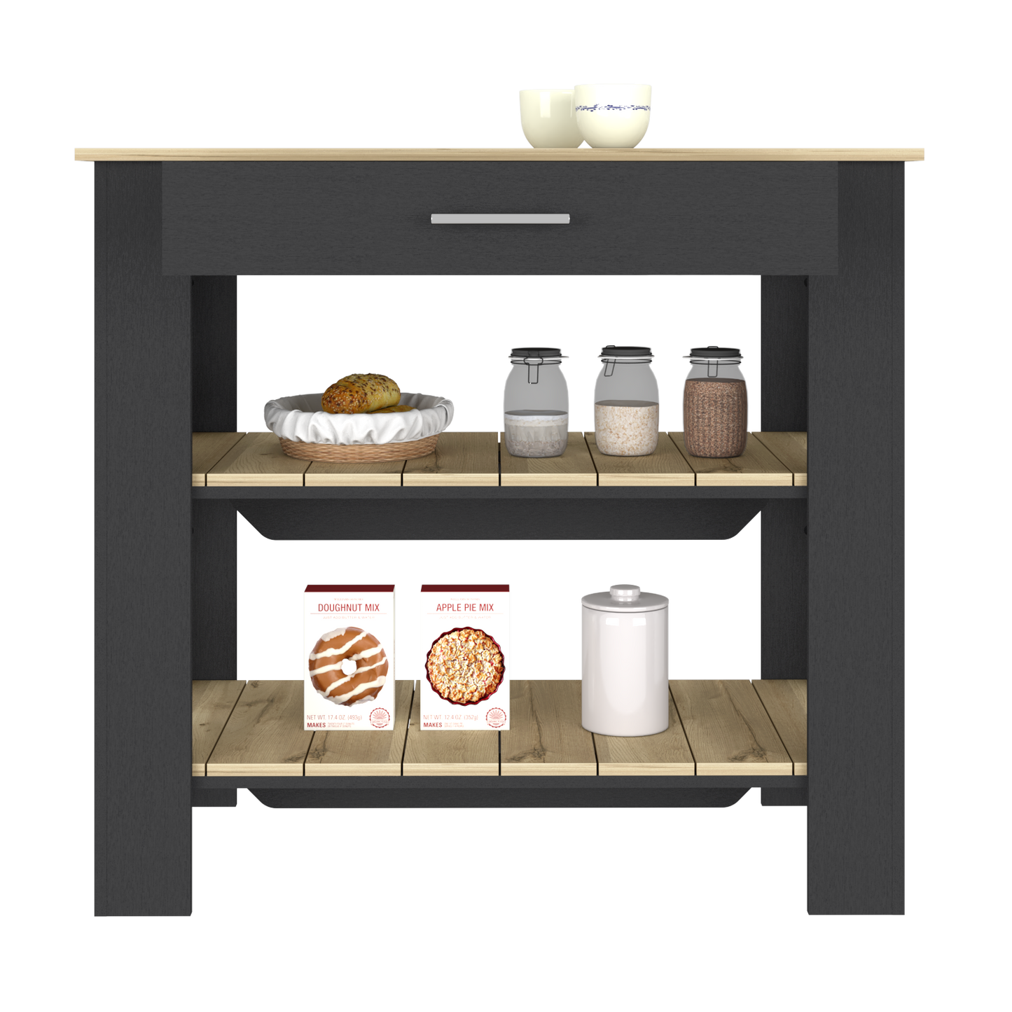 Kitchen Island 40 Inches Dozza, Two Shelves, Black Wengue / Light Oak