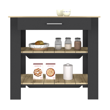 Kitchen Island 40 Inches Dozza, Two Shelves, Black Wengue / Light Oak