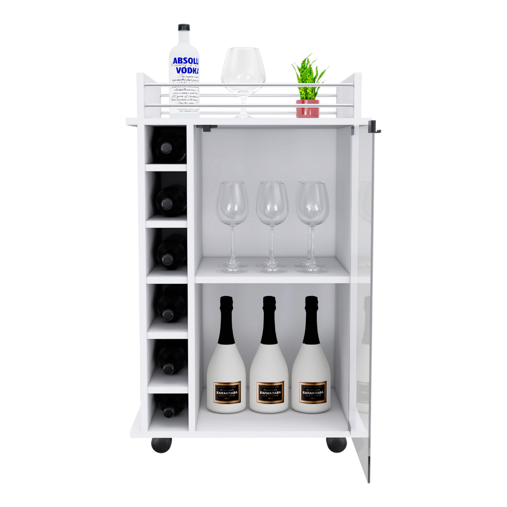 Bar Cart Baltimore, Six Wine Cubbies, Glass Door, Four Caster, Two