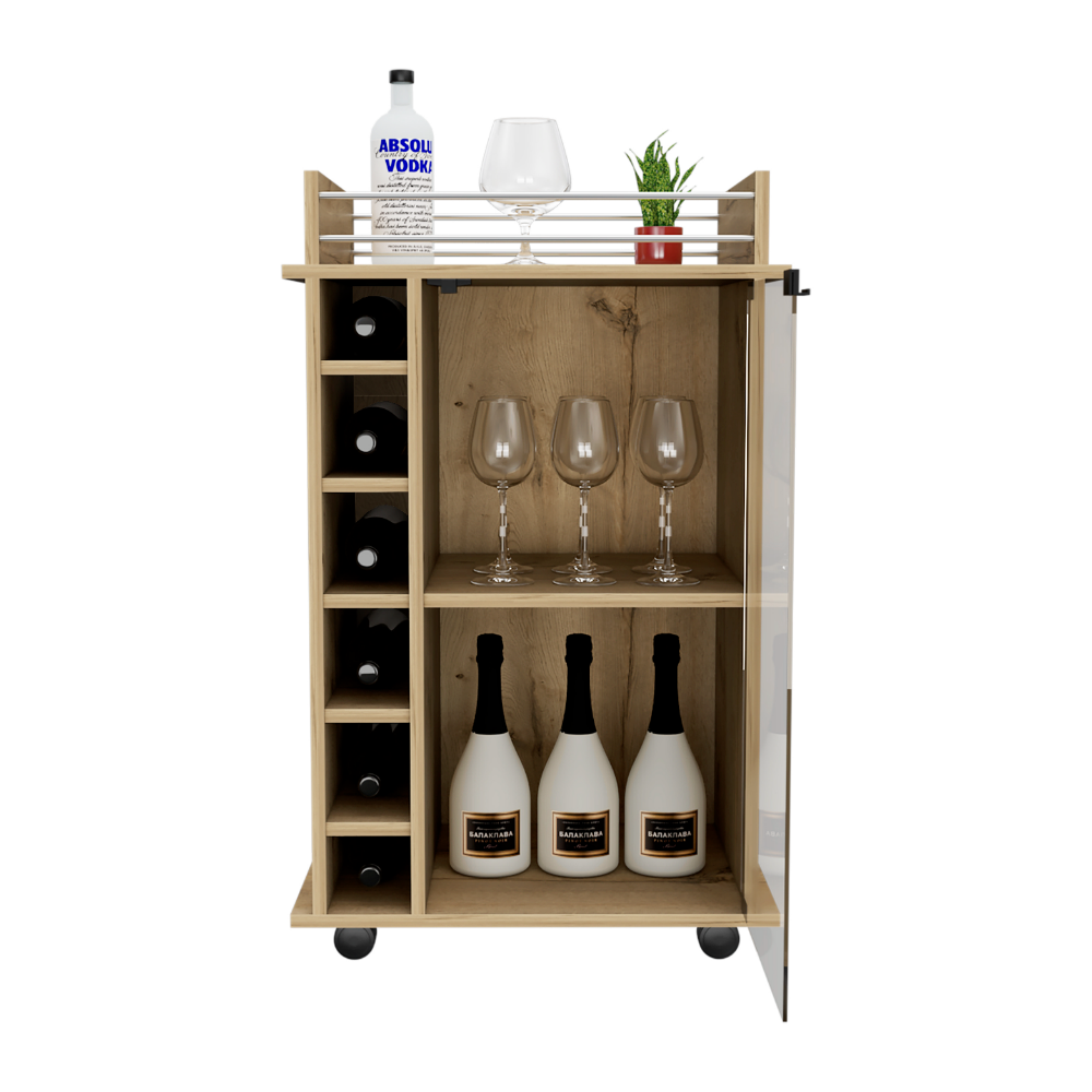 Bar Cart Baltimore, Two Tier Cabinet With Glass Door, Six Wine