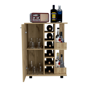 Bar Cart Wells, Four Casters, Six Wine Cubbies, Single Door Cabinet,