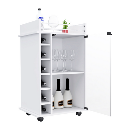 Bar Cart Baltimore, Six Wine Cubbies, Glass Door, Four Caster, Two