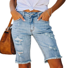 Load image into Gallery viewer, Fringed High Elasticity Mid-Waist Cropped Jeans with Ripped Holes
