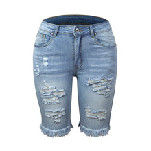 Load image into Gallery viewer, Fringed High Elasticity Mid-Waist Cropped Jeans with Ripped Holes
