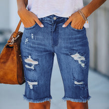 Load image into Gallery viewer, Fringed High Elasticity Mid-Waist Cropped Jeans with Ripped Holes
