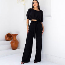 Load image into Gallery viewer, Crew neck short sleeve top lace-up high waist trousers two-piece set
