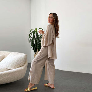 Cotton Linen Suit Cardigan Long-sleeved Top Pocket Wide Leg Trousers