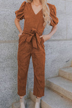 Load image into Gallery viewer, Brown Tie Knot Puff Sleeve Straight Leg High Rise Jumpsuit
