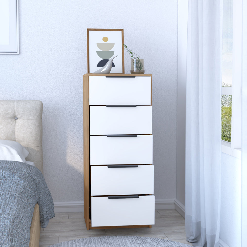 5 Drawers Dresser Maryland, Metal Handle, White / Pine Finish | Furniture