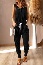 Load image into Gallery viewer, Black Button Crew Neck Drawstring High Waist Jumpsuit
