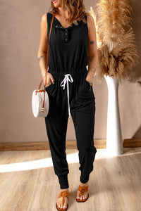 Black Button Crew Neck Drawstring High Waist Jumpsuit