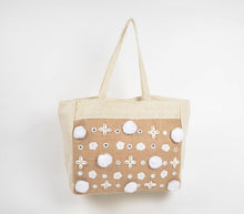 Load image into Gallery viewer, Bohemian Shells &amp; Pom-poms Jute Tote Bag
