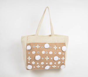 Bohemian Shells & Pom-poms Jute Tote Bag