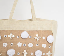 Load image into Gallery viewer, Bohemian Shells &amp; Pom-poms Jute Tote Bag
