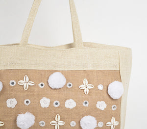 Bohemian Shells & Pom-poms Jute Tote Bag