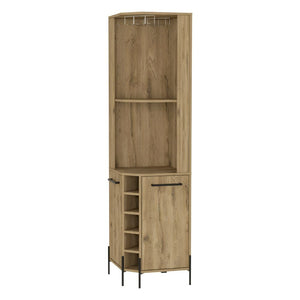 Corner Bar Cabinet Shopron, Two Shelves, Five Wine Cubbies, Aged Oak