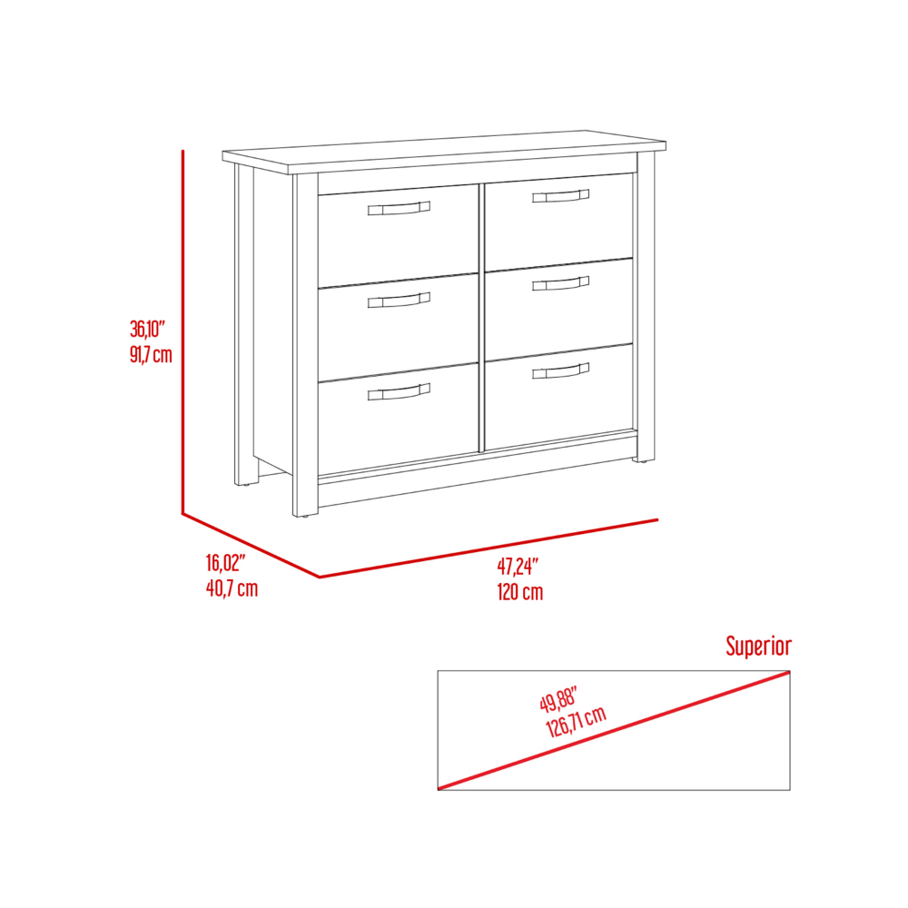 6 Drawer Double Dresser Toret, Metal Hardware, Light Gray Finish