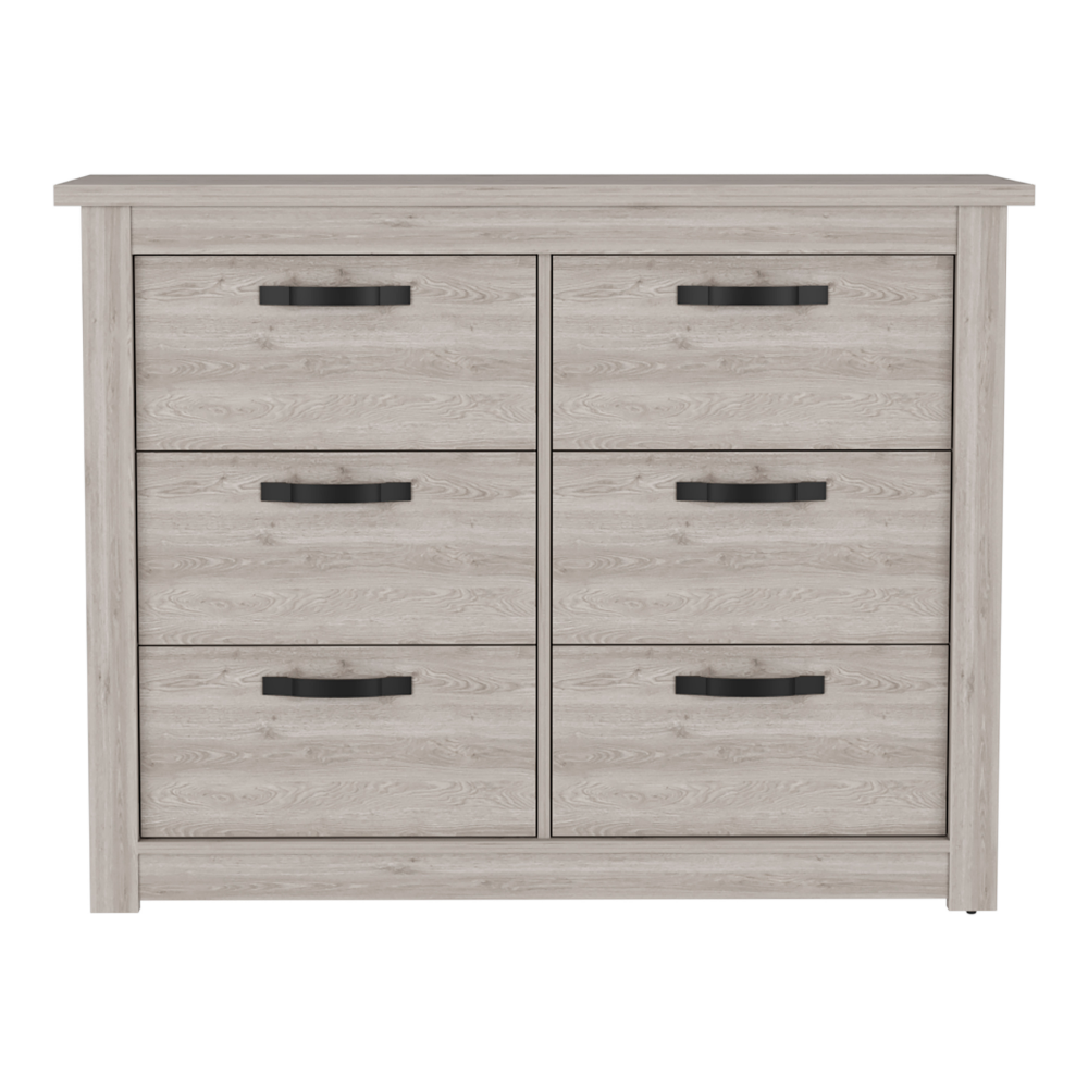 6 Drawer Double Dresser Toret, Metal Hardware, Light Gray Finish