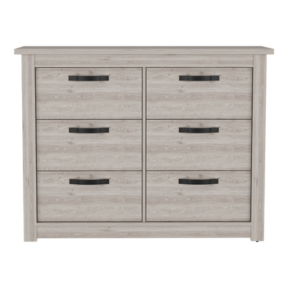 6 Drawer Double Dresser Toret, Metal Hardware, Light Gray Finish