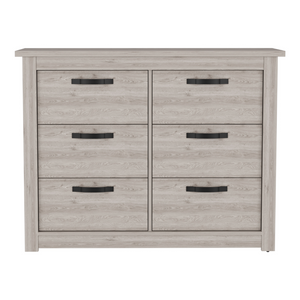 6 Drawer Double Dresser Toret, Metal Hardware, Light Gray Finish