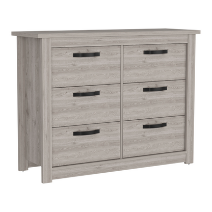 6 Drawer Double Dresser Toret, Metal Hardware, Light Gray Finish