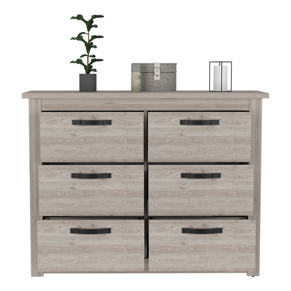 6 Drawer Double Dresser Toret, Metal Hardware, Light Gray Finish