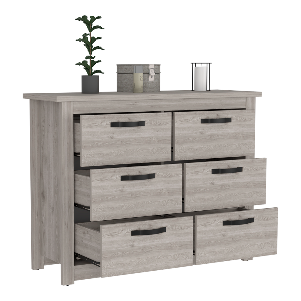 6 Drawer Double Dresser Toret, Metal Hardware, Light Gray Finish