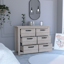 Load image into Gallery viewer, 6 Drawer Double Dresser Toret, Metal Hardware, Light Gray Finish
