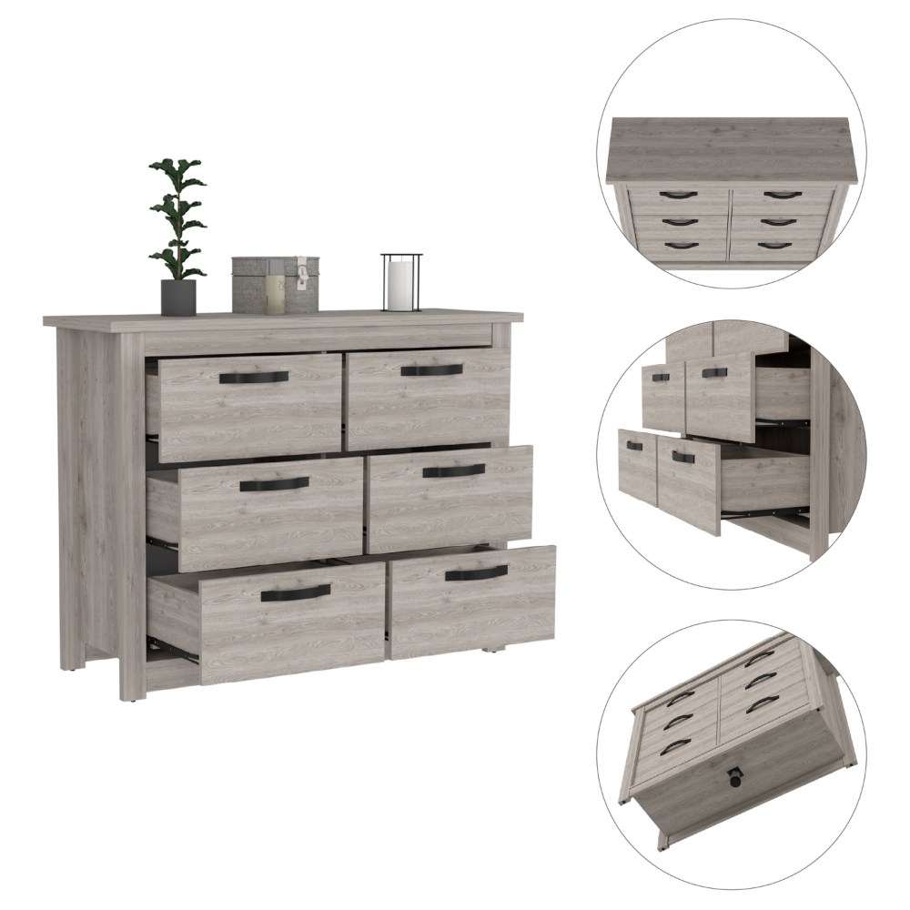 6 Drawer Double Dresser Toret, Metal Hardware, Light Gray Finish