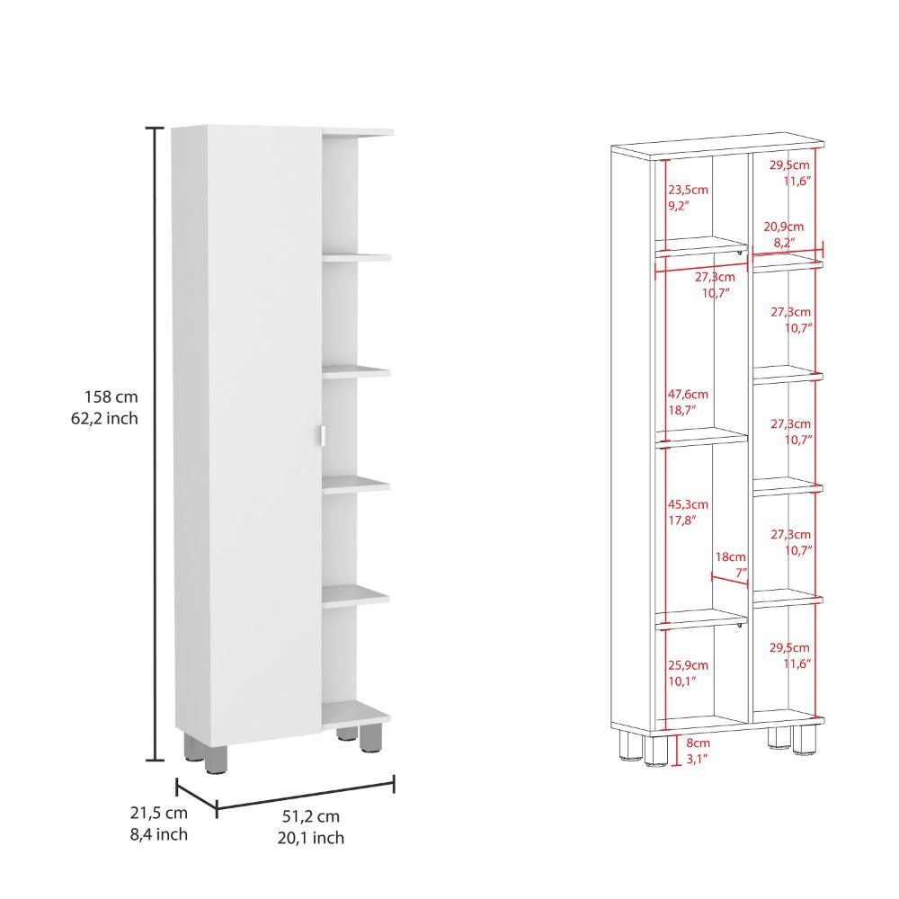 Corner Cabinet Womppi, Five Open Shelves, Single Door, White Finish