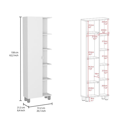 Corner Cabinet Womppi, Five Open Shelves, Single Door, White Finish