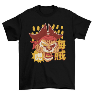 Angry tiger pirate in anime style with japanese characters background