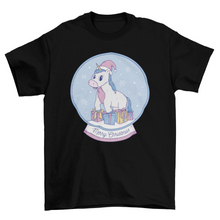 Load image into Gallery viewer, Cool pastel unicorn inside christmas snow globe with gifts t-shirt
