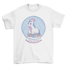 Load image into Gallery viewer, Cool pastel unicorn inside christmas snow globe with gifts t-shirt
