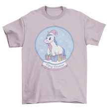 Load image into Gallery viewer, Cool pastel unicorn inside christmas snow globe with gifts t-shirt
