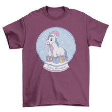 Load image into Gallery viewer, Cool pastel unicorn inside christmas snow globe with gifts t-shirt
