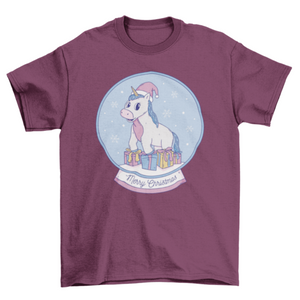 Cool pastel unicorn inside christmas snow globe with gifts t-shirt