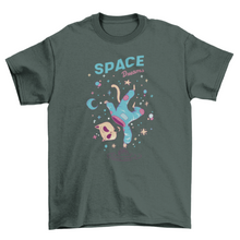 Load image into Gallery viewer, Astronaut cat floating in space t-shirt
