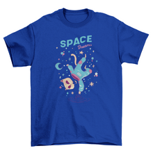 Load image into Gallery viewer, Astronaut cat floating in space t-shirt
