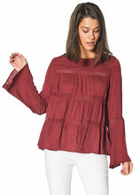 Load image into Gallery viewer, Bell Sleeve Tiered Blouse in Red Cordovan
