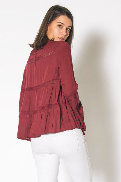 Bell Sleeve Tiered Blouse in Red Cordovan