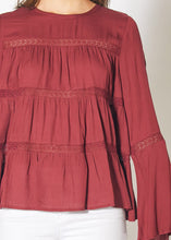 Load image into Gallery viewer, Bell Sleeve Tiered Blouse in Red Cordovan
