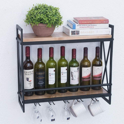 (2 Tier - 23.6in - Black) Industrial Wine Rack Wall Mounted, Wall Wine